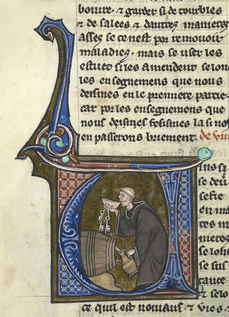 An abbey cellarer testing his wine. Illumination from a copy of Li livres dou santé by Aldobrandino of Siena. British Library manuscript Sloane 2435, f. 44v.