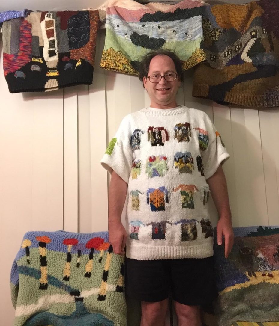“My 100th lifetime freehand sweater. Features miniatures of 34 of my previous sweaters. I usually only wear it for special events.” Sam Barsky / Instagram