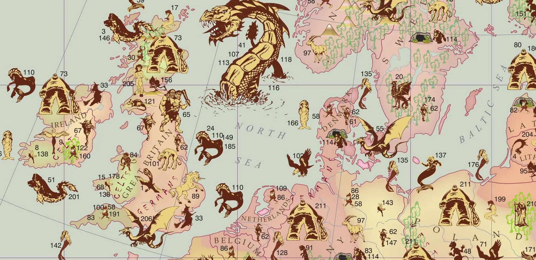 Mysterious and epic maps showing the hideouts of elusive cryptids in Europe and North America