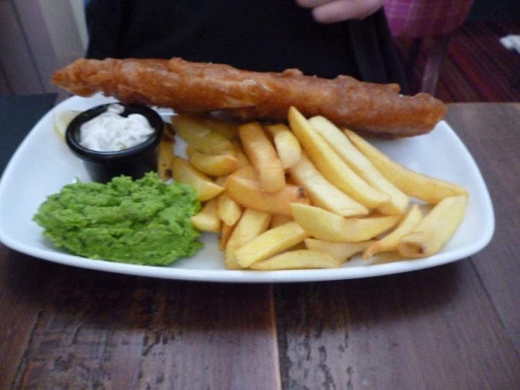 Fish, chips and mushy peas at the Riccarton Inn Copyright Content Catnip 2013 