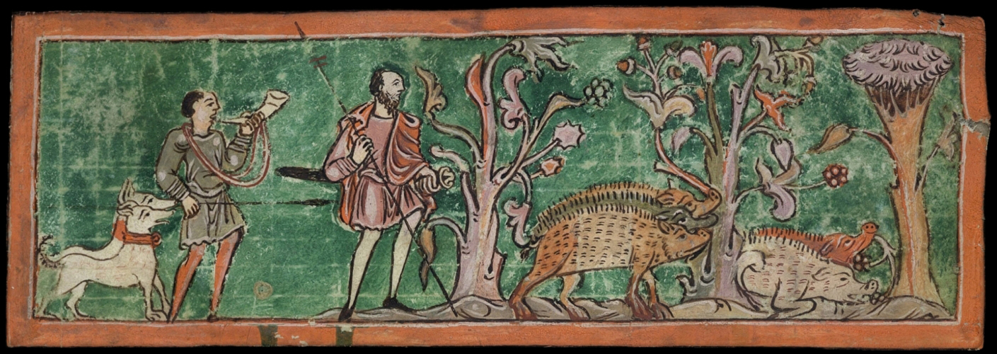boar hunting scene representing September-October in a calendar from a scientific miscellany which includes Cicero's Aratea, c. 1040, English, British Library