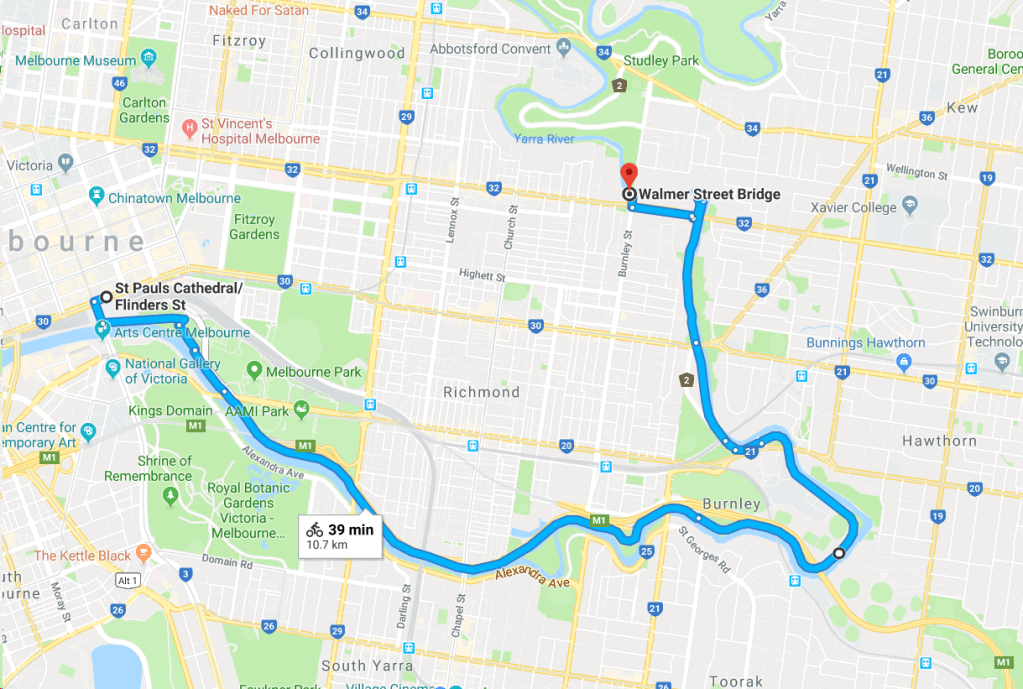 A leisurely ride along Melbourne's main yarra cycle trail from St Pauls Cathedral in the CBD to Walmer Bridge in Abbotsford 