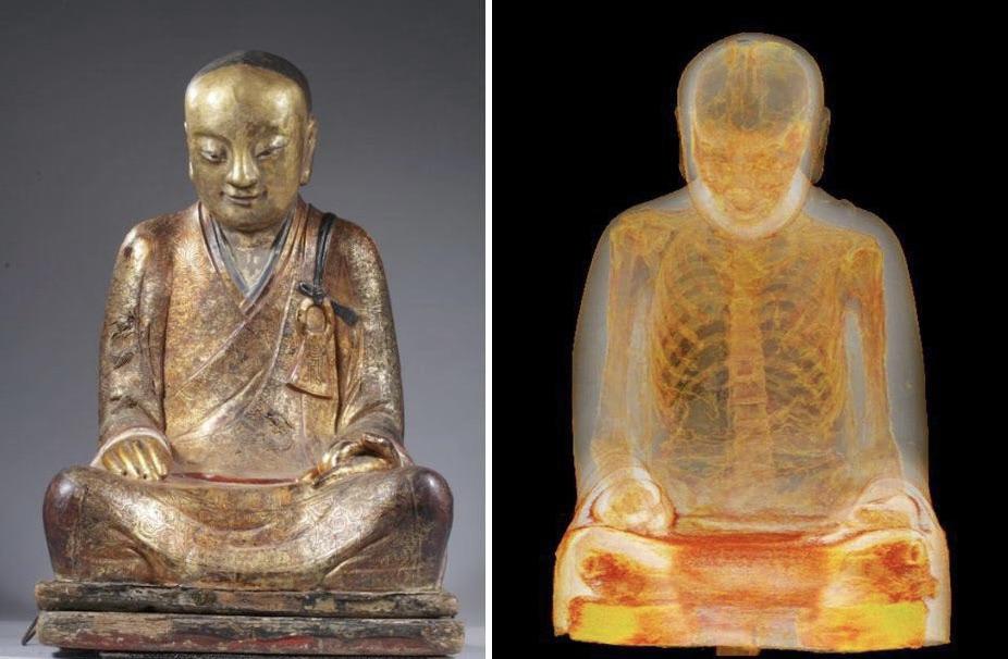 A CT Scan reveals an ancient mummified monk forever inside of a buddha statue