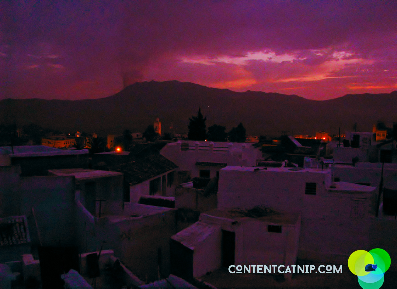 Purple dusk in Chefchaouen. Donkey in Chefchaoen. Copyright © Content Catnip 2009 www.contentcatnip.com