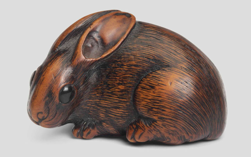 A wood netsuke of a lunar hare, from the Edo period (19th century).