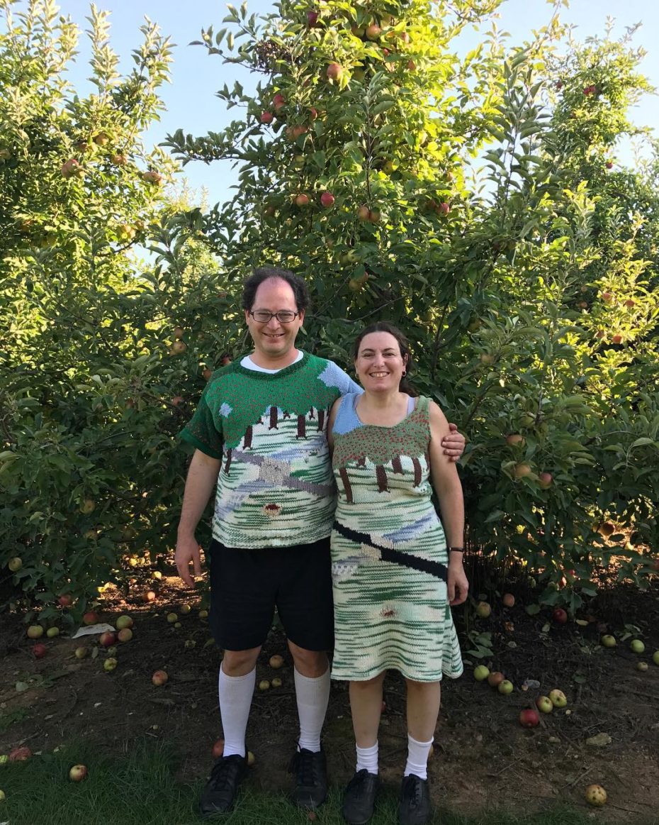 “My Rosh Hashanah aka apple tree sweater and a nearly matching dress I made for my wife.” Sam Barsky / Instagram