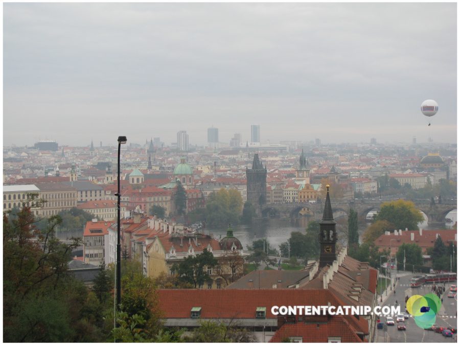 A stray balloon over the city in Prague. Copyright Content Catnip 2009