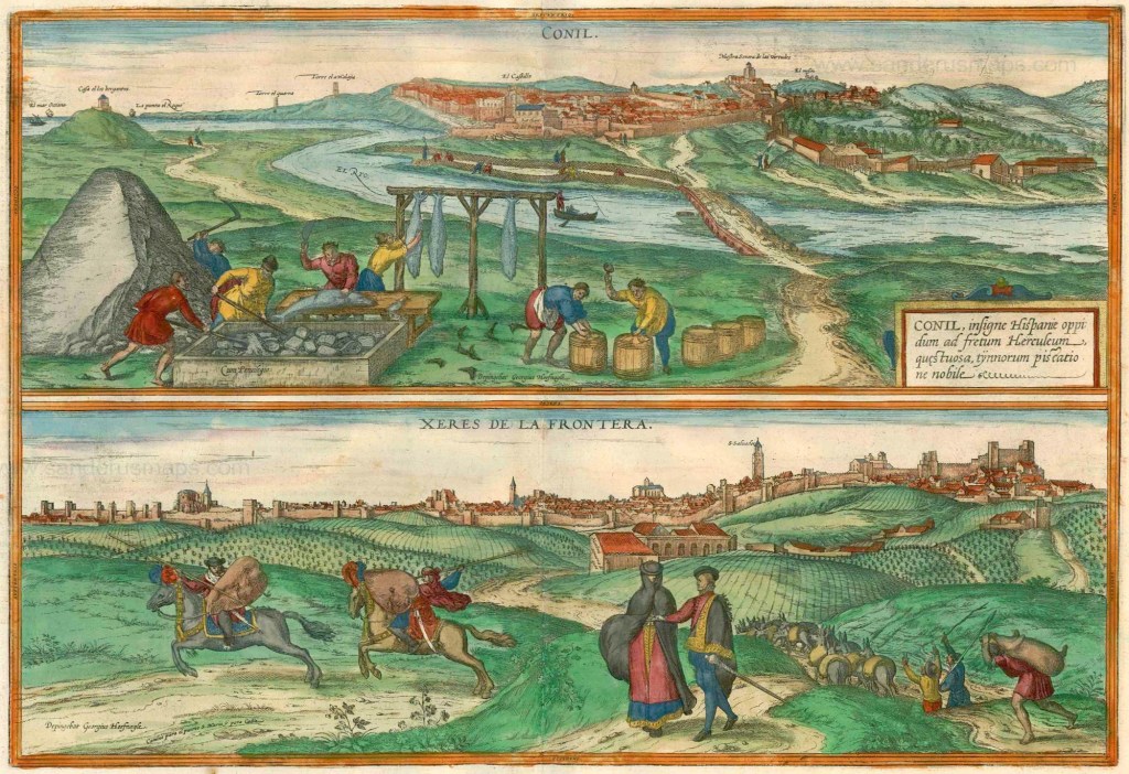 'Slice of life' portraitures of twin medieval cities and thriving ports Conil de la Frontera (top) and Xeres de la Frontera (bottom) twin cities on the Andalucian coast. Braun & Hogenberg, 1575-1612.