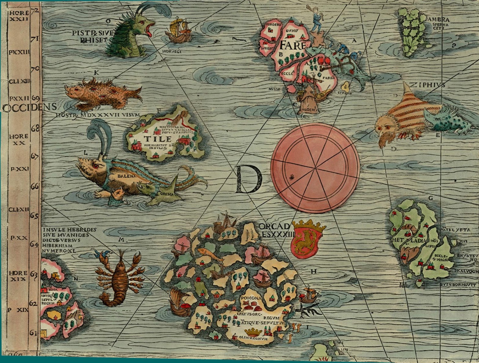 Thule as Tile on the Carta Marina of 1539 by Olaus Magnus, where it is shown located to the northwest of the Orkney islands, with a "monster, seen in 1537", a whale ("balena"), and an orca nearby.
