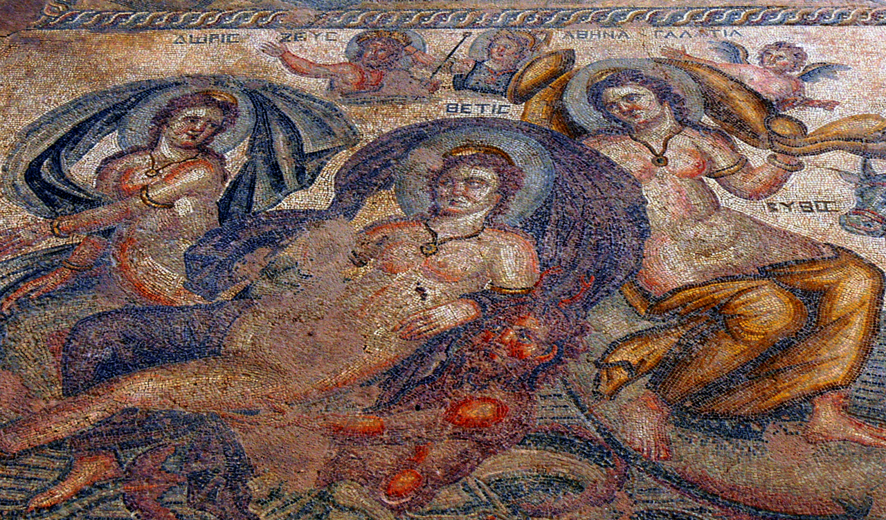 A beauty contest between Cassiopeia and the Nereids. From the mosaic floor of a Roman Villa named in Paphos, Cyprus. Circa 4th century BC.