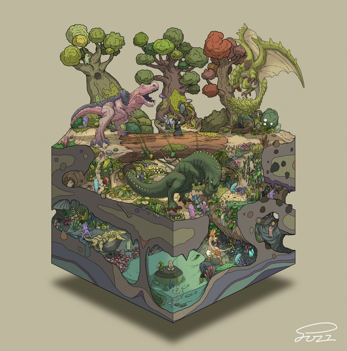 A cross-section of a Juarassic subterranean world by Gozz on Twitter