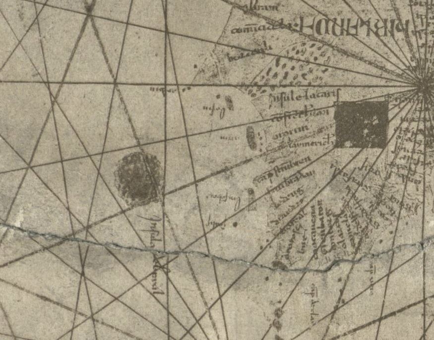 Hy-Brasil on a 1339 nautical chart by Angelino Dulcert (1890 facsimile) (via Norman B. Leventhal Map Center, Boston Public Library)