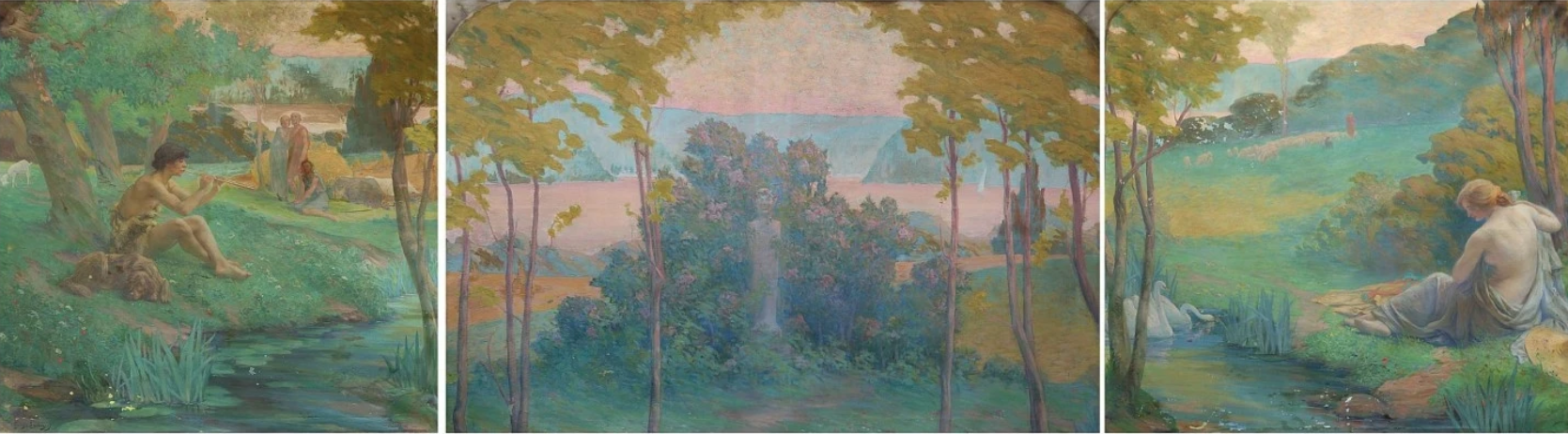 An Arcadian Idyll by Georges Auguste Elie Laverne (1863-1942). An arcadian idyll with Pan playing pipes and nymphs reclining. The triptych was found on wooden panelling in an apartment in Paris built in 1895.