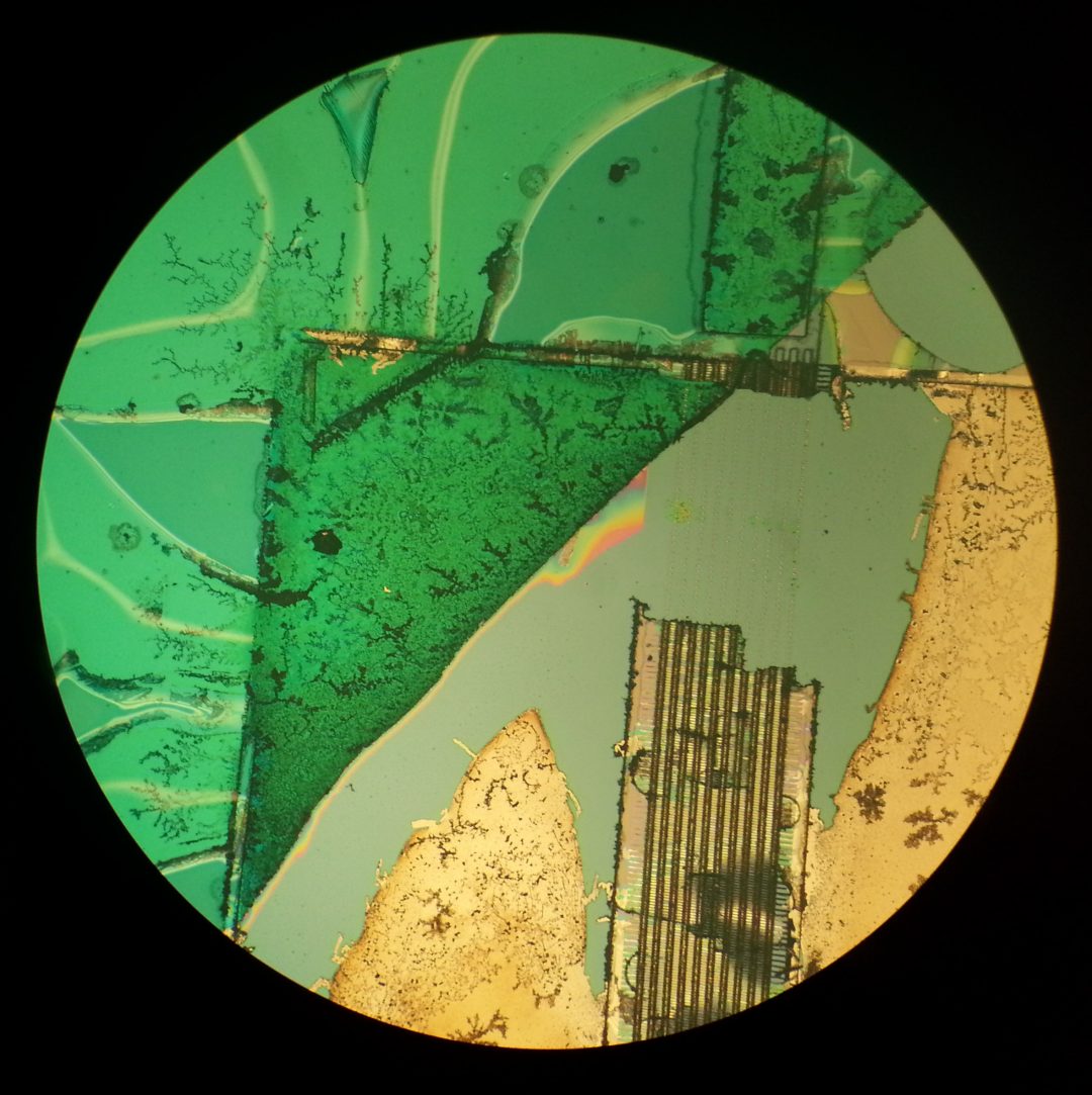 Oxidised metal films photographed using a microscope and an Amazon Fire phone by Reddit user Friz Face.