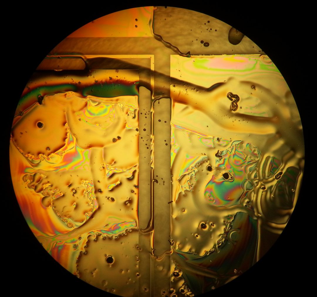 Oxidised metal films photographed using a microscope and an Amazon Fire phone by Reddit user Friz Face.