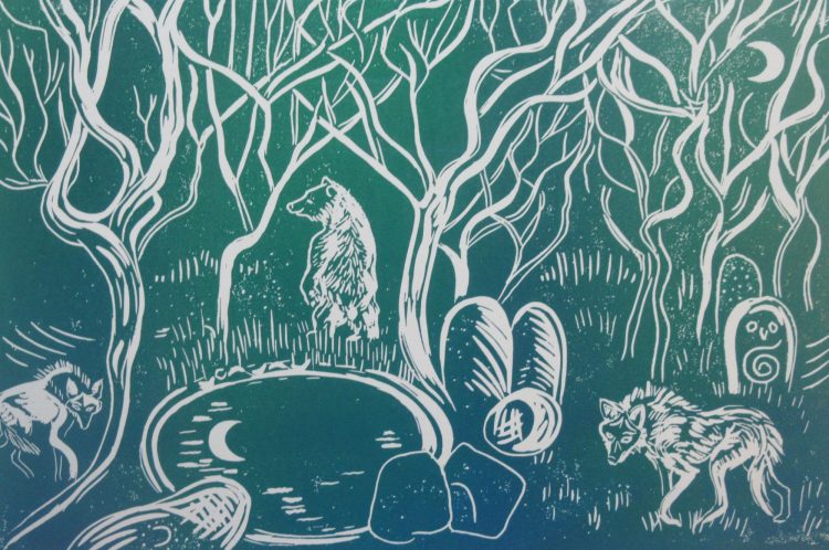 ‘Ghost trees, Ghost Bear and Ruffled Fox on Pony Hills’ by Maria Strutz