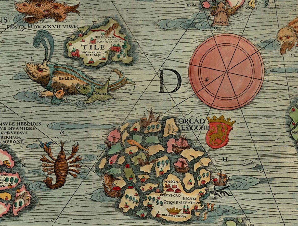 Thule as Tile on the Carta Marina of 1539 by Olaus Magnus, where it is shown located to the northwest of the Orkney islands, with a "monster, seen in 1537", a whale ("balena"), and an orca nearby.