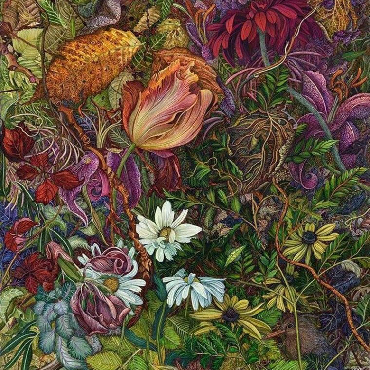 Judy Garfin's larger-than-life exquisite blumes and tangled vines