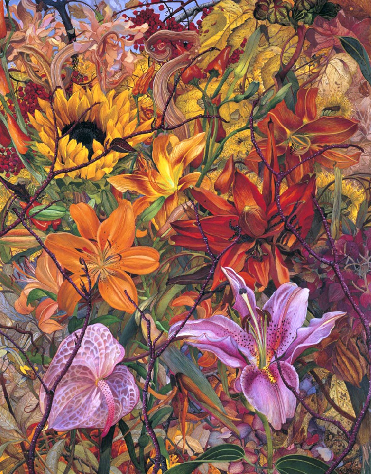 Judy Garfin's larger-than-life exquisite blumes and tangled vines