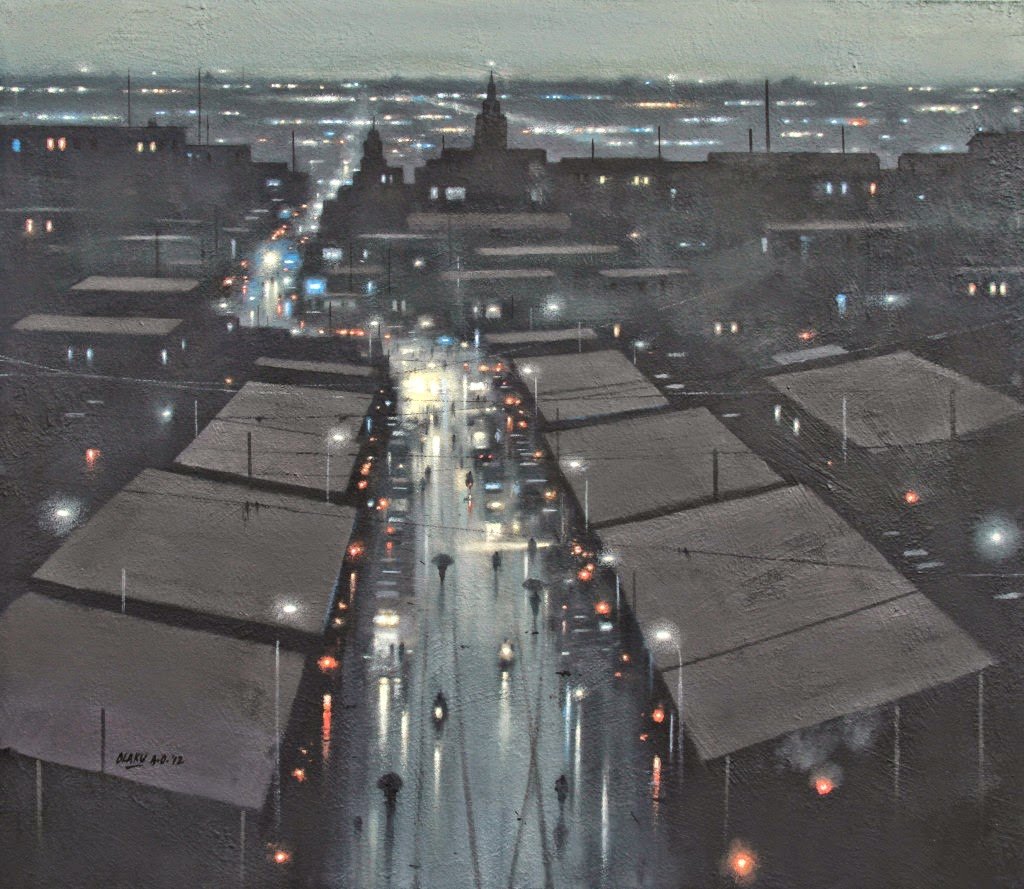 Crepuscular landscapes and darkening twilight suburbs by Nigerian painter Abiodun Olaku (b. 1958)