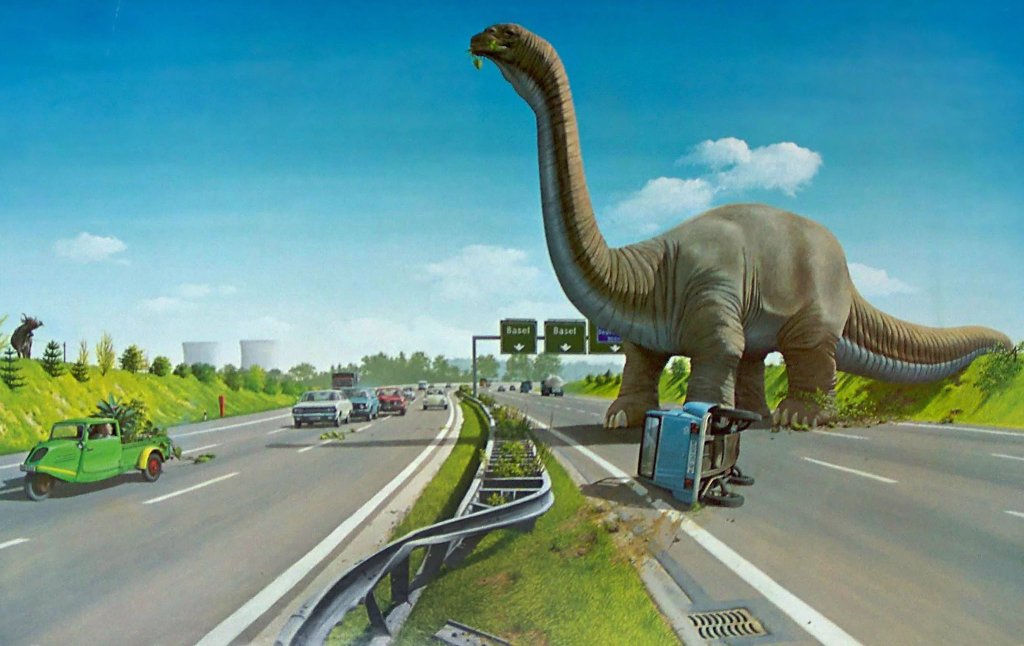 Dinosaurier auf der Autobahn, 1980 by Giuseppe Reichmuth