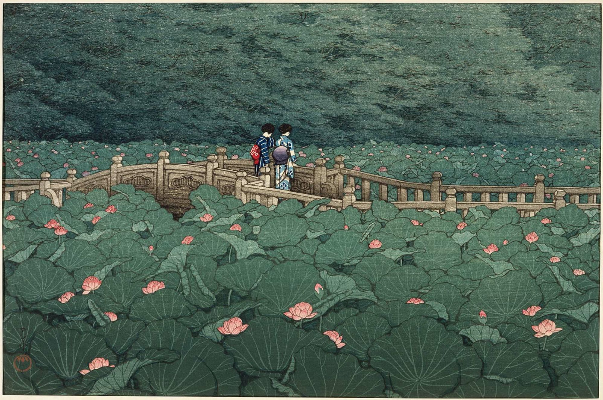 The pond at Benten Shrine in Shiba by Hasui Kawase