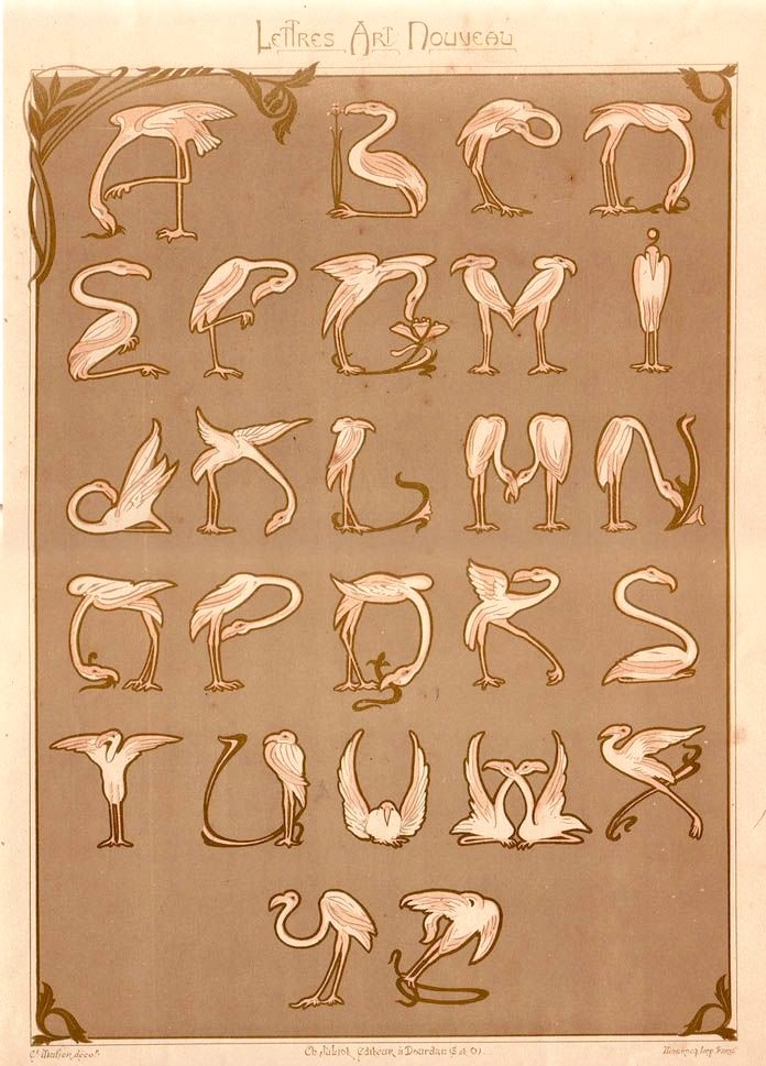 Elegant and languid Art Deco flamingo font from the turn of last century