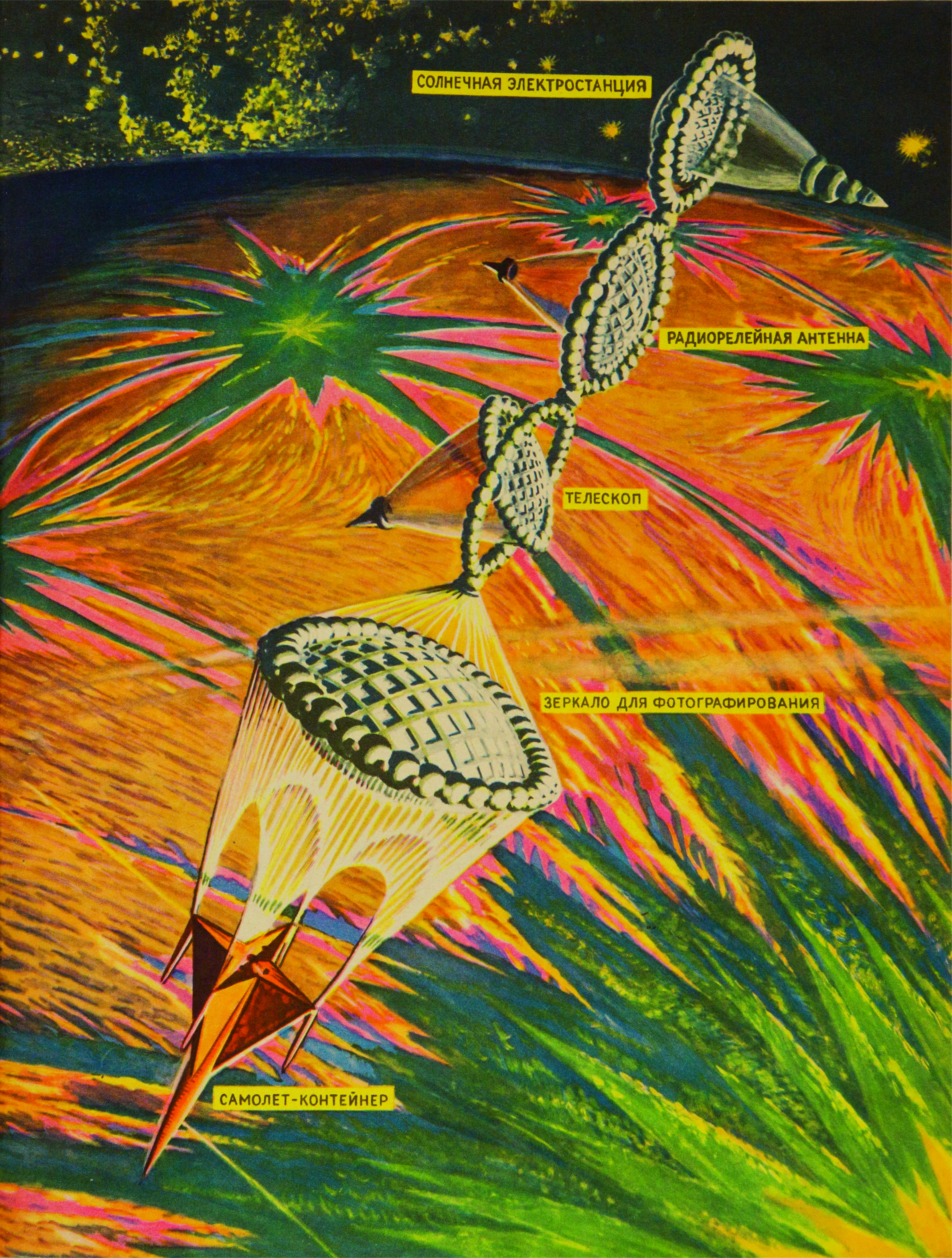 Technology for the Youth, issue 4, 1961, illustration by G. Pokrovsky for the article "Steps to the Stars', depicting a spacecraft passing over Mars. A system of intricate inflatable structures is attached to the tail of the craft, comprising a mirror for photography, a telescope, a radio relay antenna and a solar power plant. Picture credit: The Moscow Design Museum (page 54). c/o Phaidon