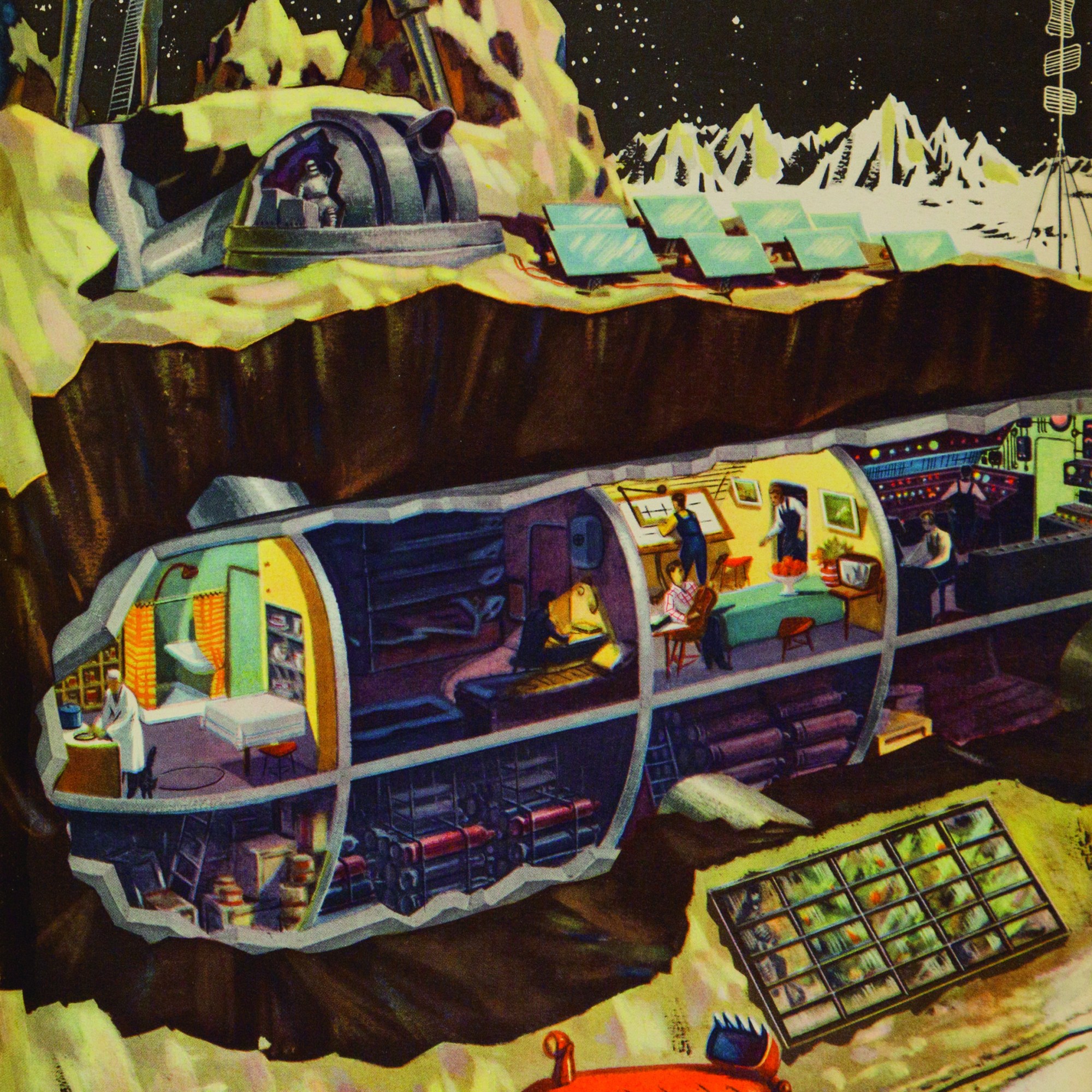 Technology for the Youth, issue 2, 1959, illustration by B. Dashkov for the article 'What Would a Space Station on the Moon Look Like?'. Picture credit: The Moscow Design Museum (page 173). c/o Phaidon