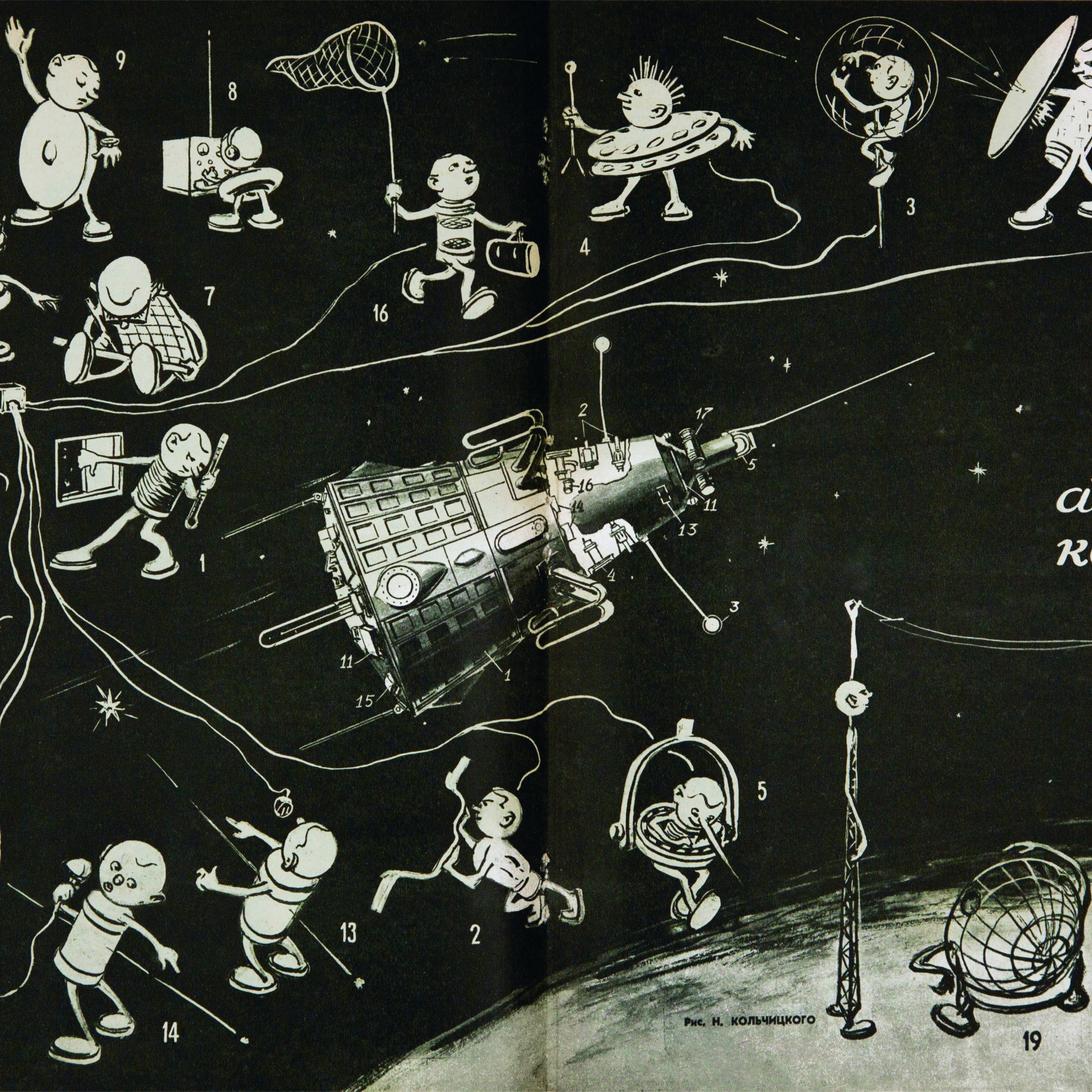 Technology for the Youth, issue 8, 1958, 'Machines—Astronauts', illustration by N. Kolchitsky showing the individual components of Sputnik 3 as different characters. Picture credit- The Moscow Design Museum (pages 34-35). c o Phaidon