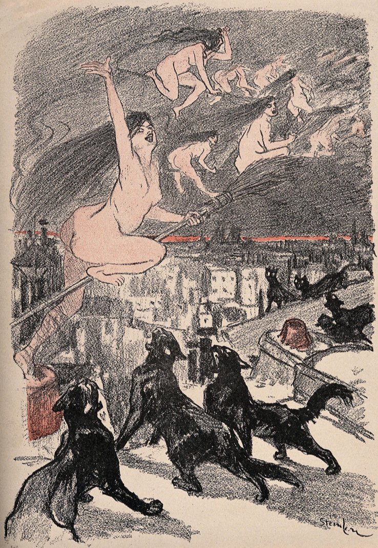 Witches ride over cat familiars. Steinlen, late 19th century