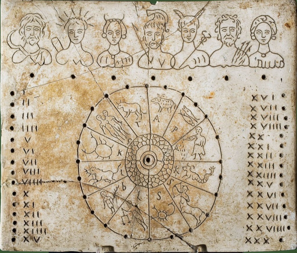 Parapegma (Calendar peg board), Roman,. The Seven gods and goddesses represent the seven days of the week. There are also thirty holes for marking the date and 24 holes for marking the current Zodiac sign. via Art & Archaeology