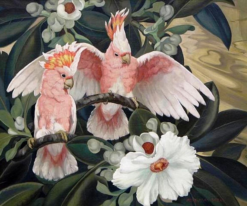 Flaming and raucous birds and blooms by Jesse Arms Botke (1883-1971)