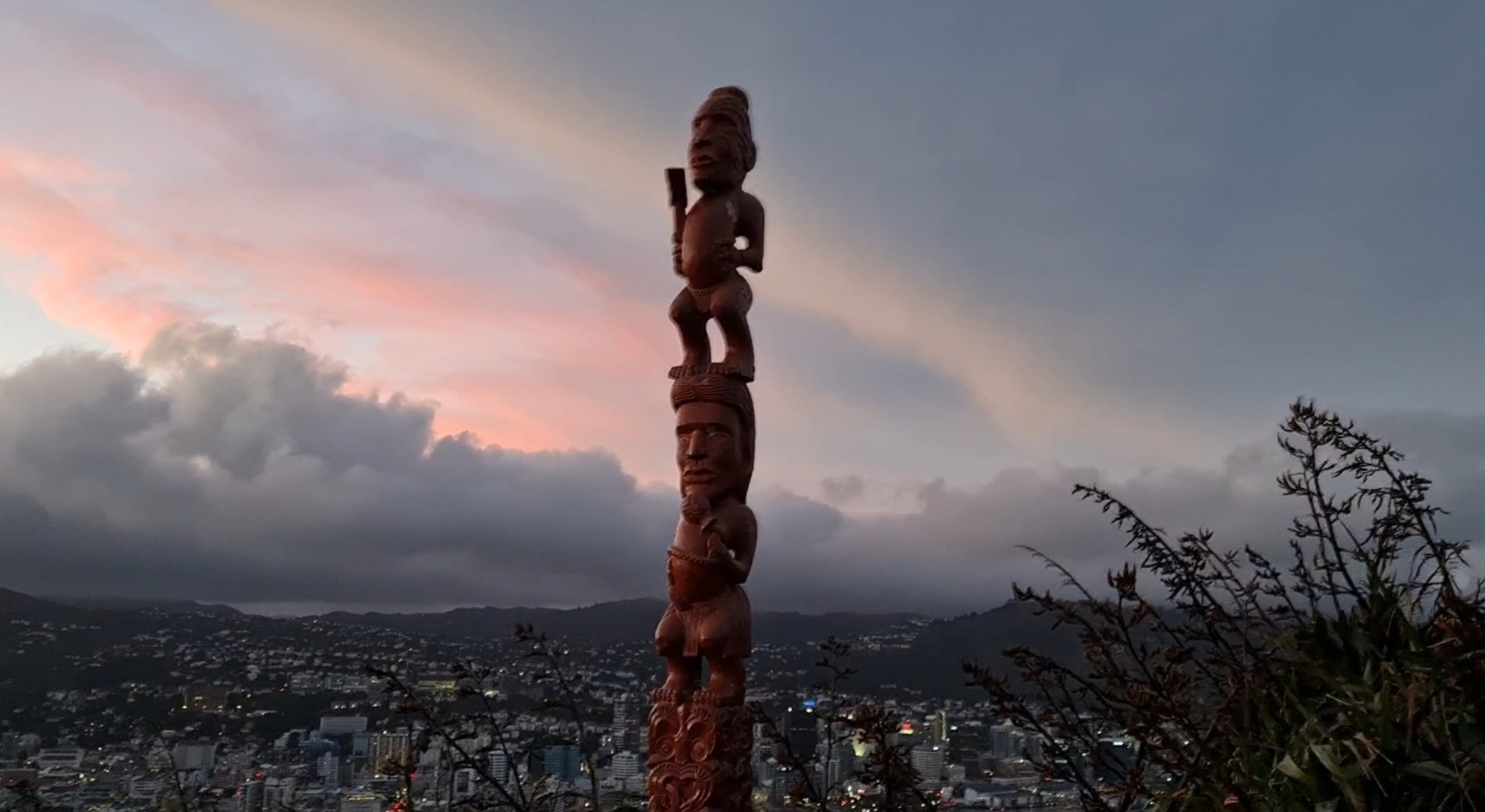 Mystical Wellington at sunset, a Pouwhenua or a landpost used to mark sacred places | Travel