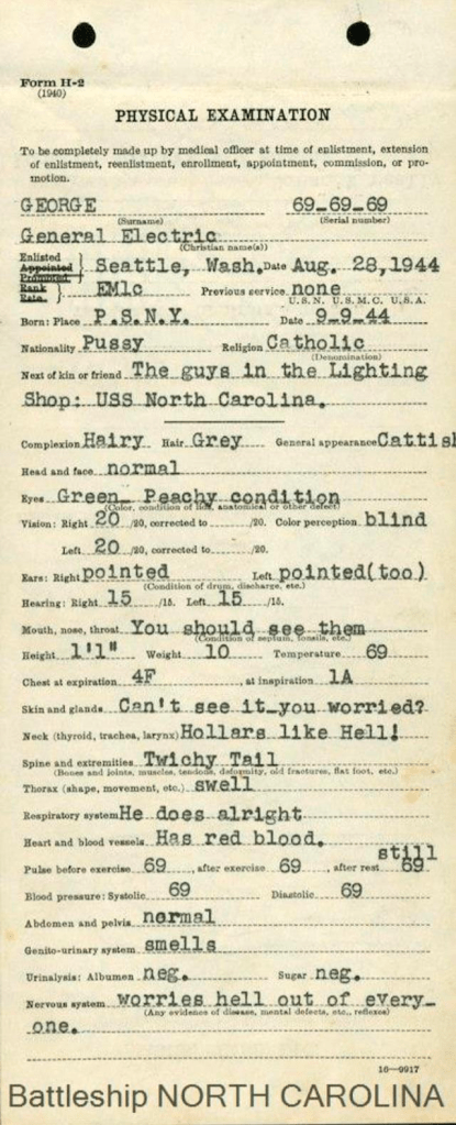 A physical examination of George an adopted kitten mascot from Battleship North Carolina, 1944