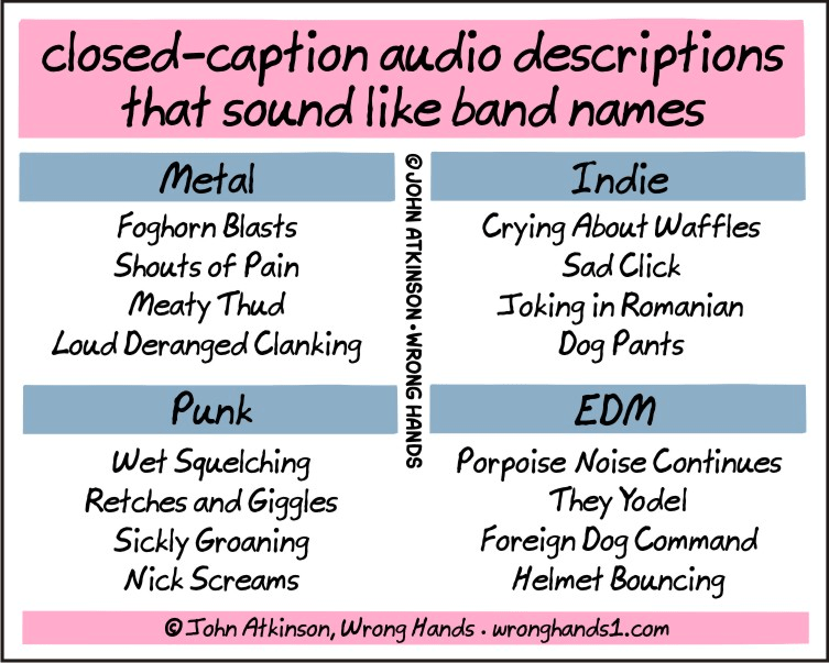 Closed-caption audio descriptions that sound like band names