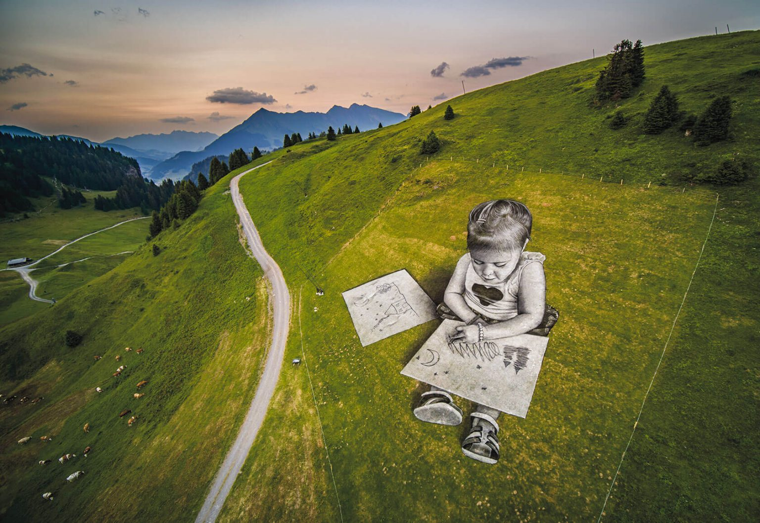 Gargantuan children on top of mountains by street artist Saype 