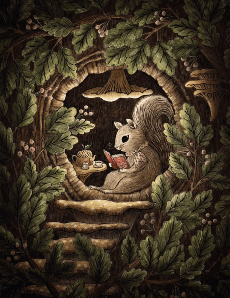 A studious squirrel in her tree nook home by Deborah Hocking