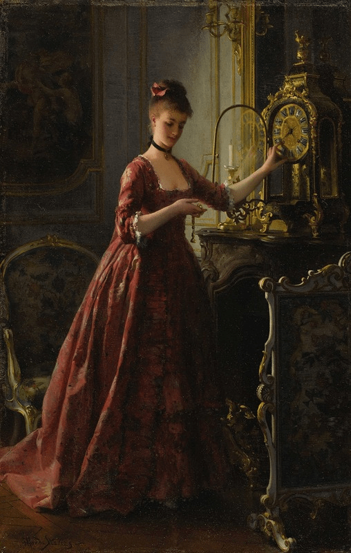 Winding The Mantle Clock (circa 1875-1880) Alfred Stevens (Belgian, 1823-1906)