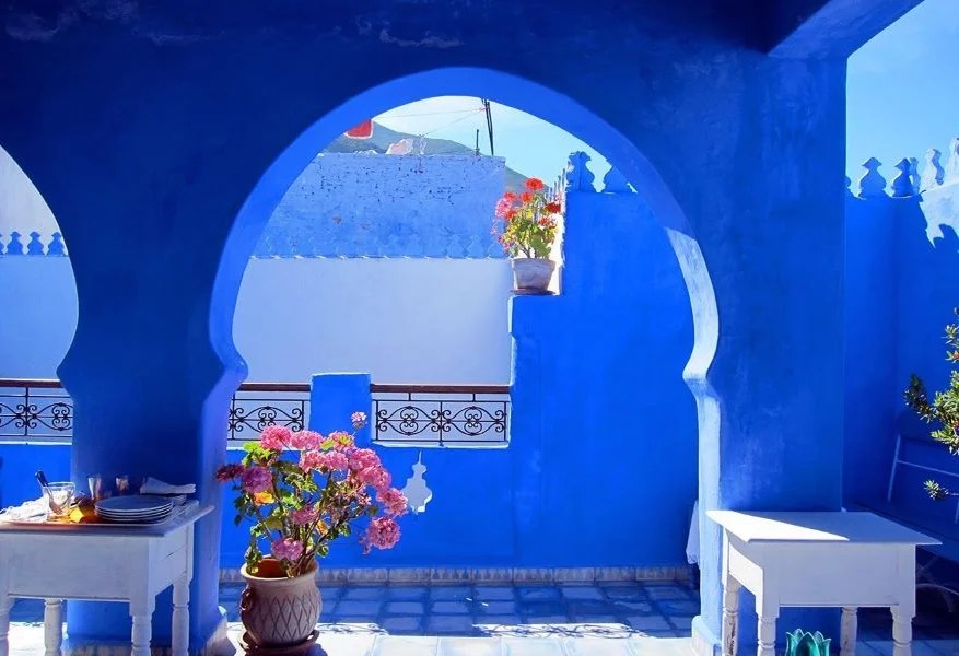 Indigo blue walls in a home in Chefchaoen, Morocco