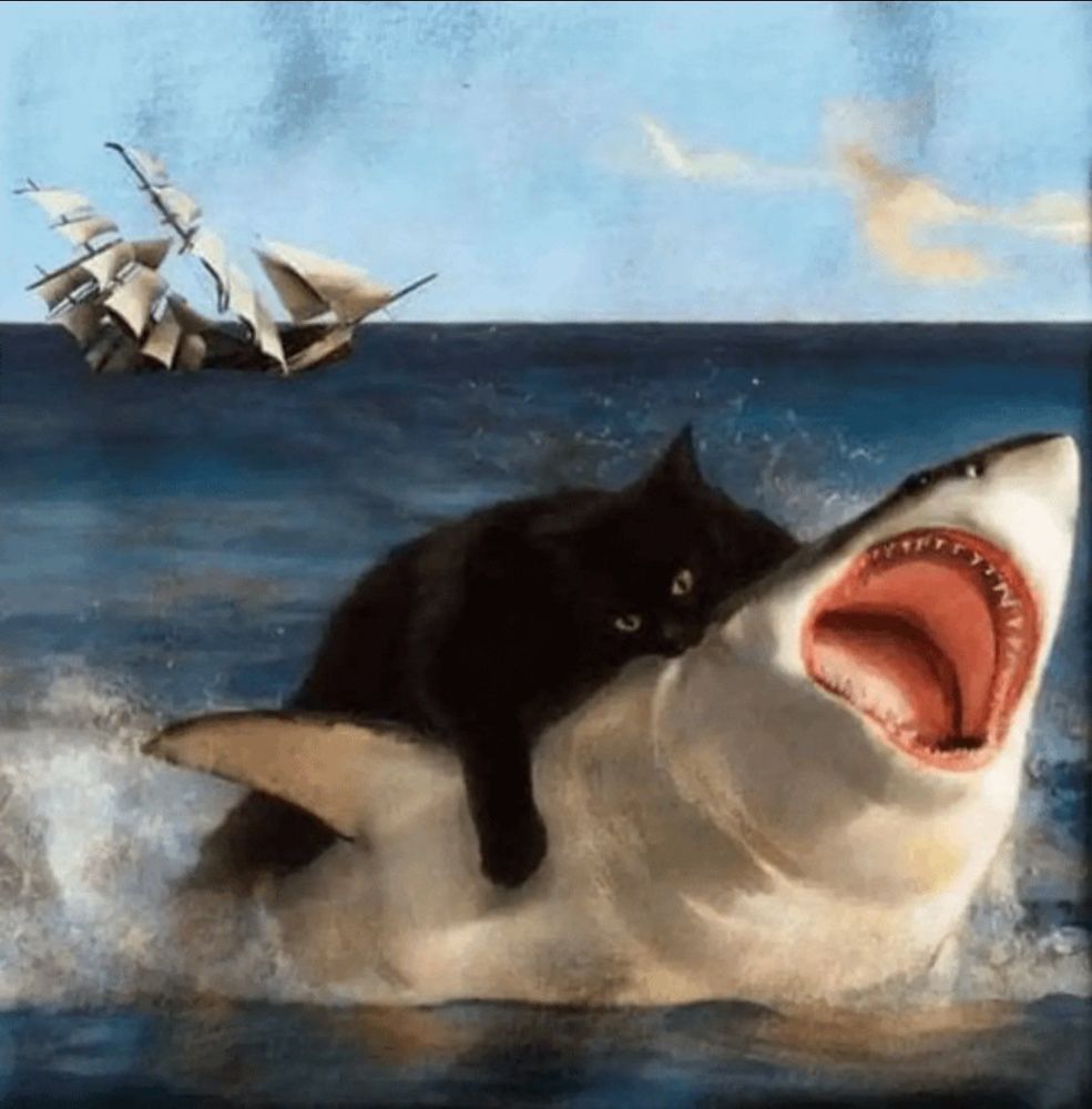A black cat bites a great white shark