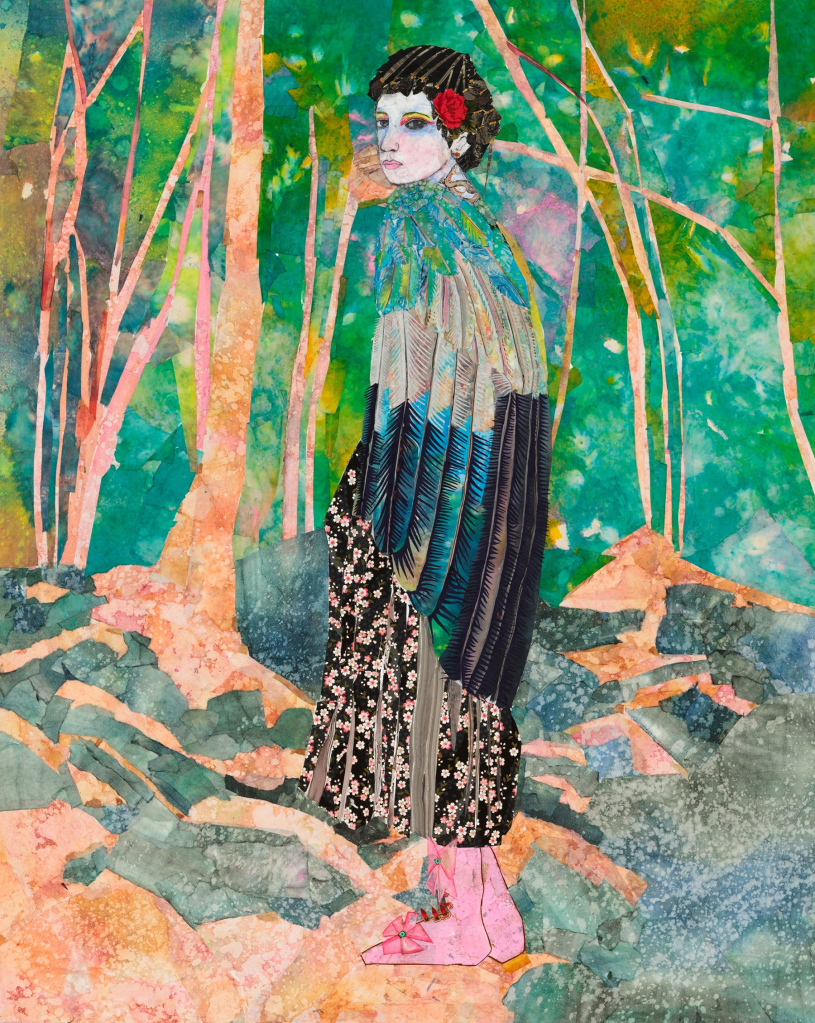 María Berrío, The Nightingale I, 2019. Collage with Japanese paper and watercolor paint, 60 x 48 inches.
