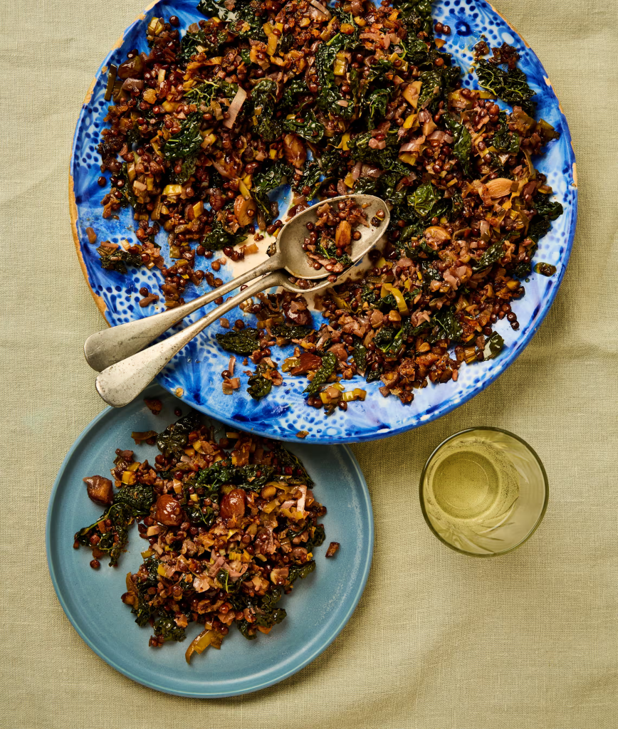 Lentils with chestnuts, red wine and cavolo nero