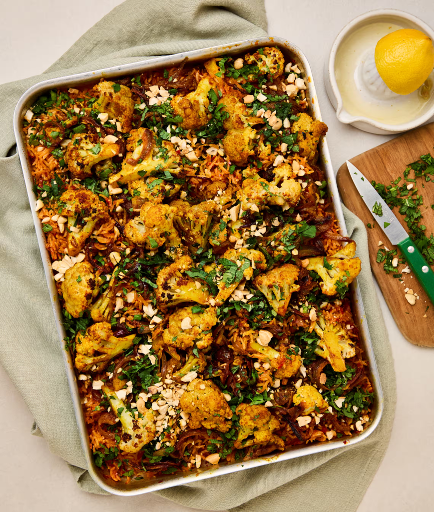 Roast cauliflower with harissa pilaf