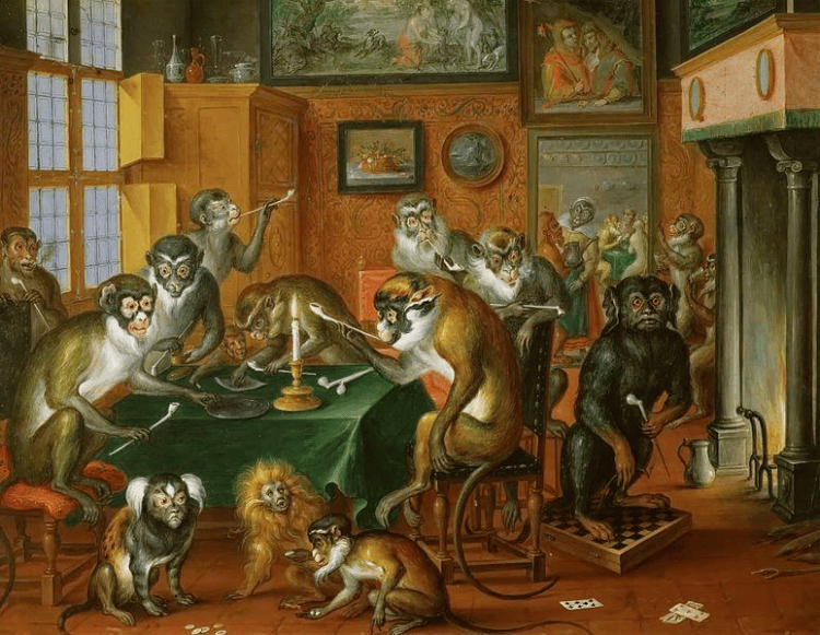 Tobacco Club by Abraham Teniers (mid-17th century) medieval old art monkeys