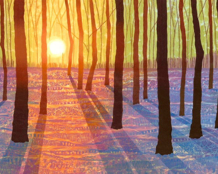 Art by Rebecca Vincent | a mysterious forest at sunset