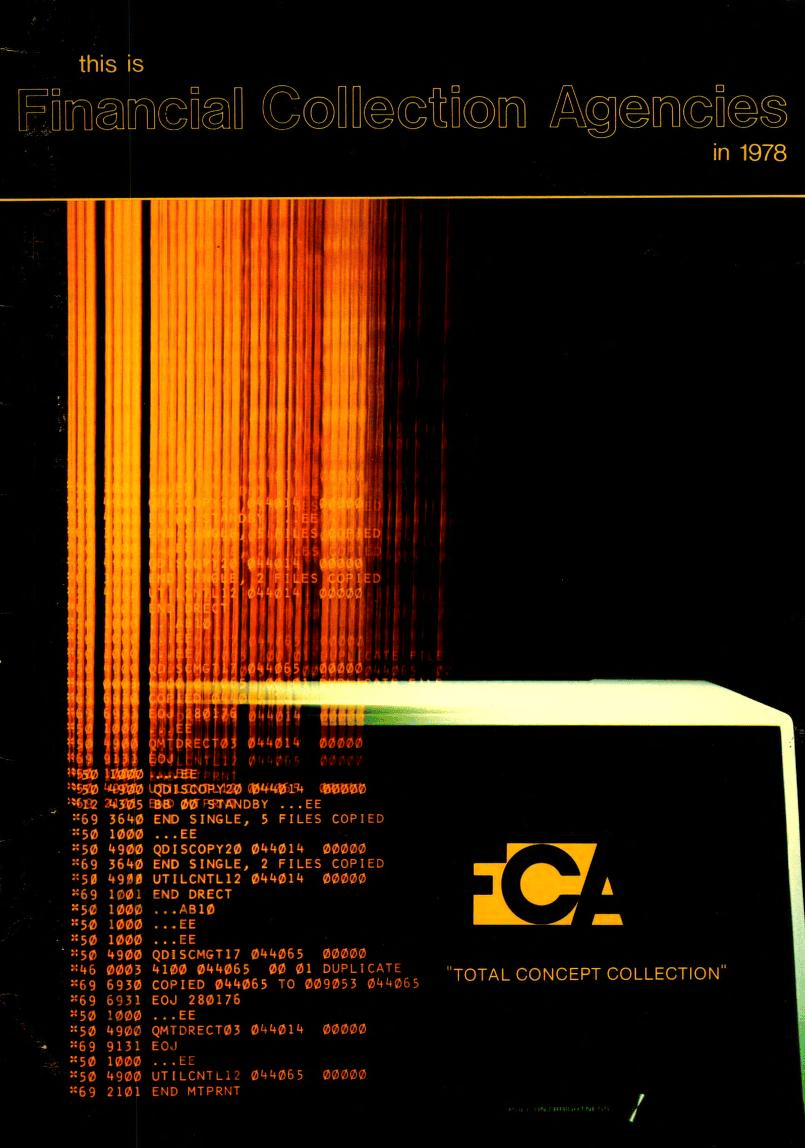 Financial Collection Agencies. Orange data streams converge into a white line on black. Year - 1977. Industry art